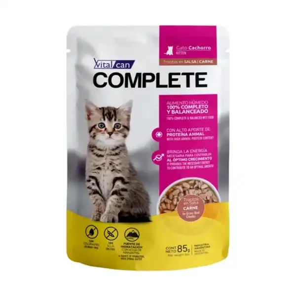 VITALCAN COMPLETE TROCITOS EN SALSA CARNE GATO CACHORRO 85G X UNIDAD