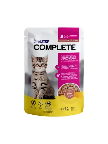 VITALCAN COMPLETE TROCITOS EN SALSA CARNE GATO CACHORRO 85G X UNIDAD