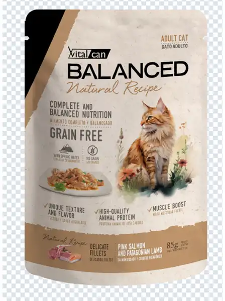 VITALCAN NATURAL RECIPE FILETES SALMON Y CORDERO GATO ADUL 85G X 12U