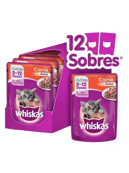 WHISKAS POUCH GATITOS CARNE (CAJA X 12U)
