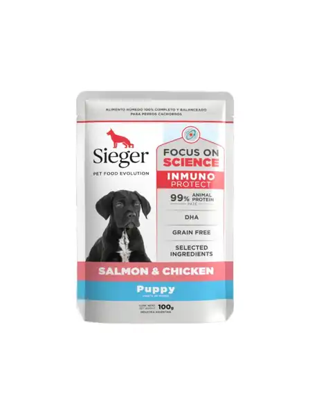 SIEGER PUPPY SALMON Y POLLO WET POUCH X 100 GR.