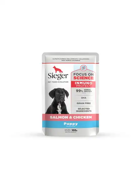 SIEGER PUPPY SALMON Y POLLO WET POUCH X 100 GR.