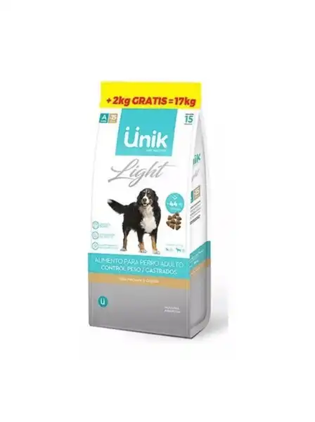 UNIK PERRO ADULTO TALLA MEDIANA Y GRANDE CONTROL DE PESO/CASTRADOS 15KG + 2KG DE REGALO  