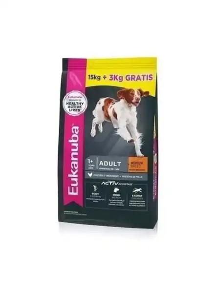 EUKANUBA ADULT MEDIUM BREED 15KG + 3KG DE REGALO 