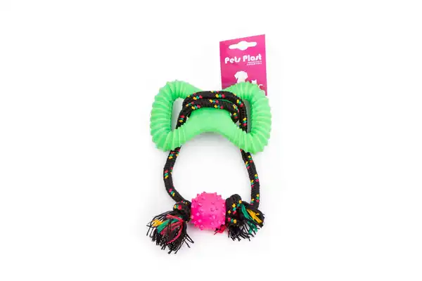 PETSPLAST MORDILLO 8 DE GOMA + PELOTA PUAS SOGA ALPINA 8MMX85CM S1201