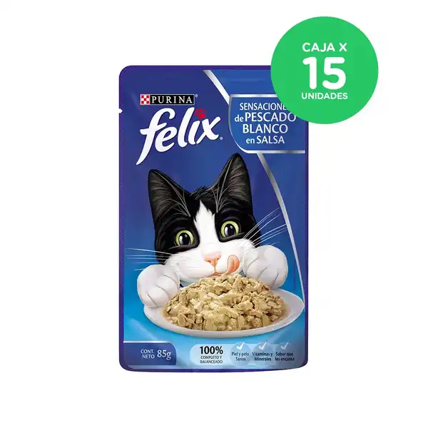 FELIX POUCH SENSACIONES DE PESCADO BLANCO EN SALSA (CAJA X 15 UNIDADES)