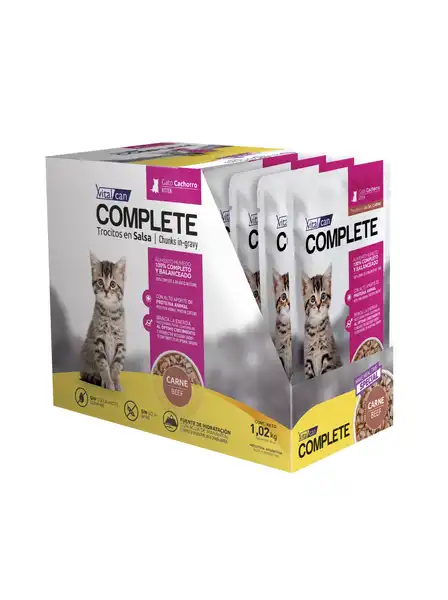 Alimento Húmedo Vitalcan Complete Trocitos en Salsa Carne Gato Cachorro 85 g por 12 Unidades
